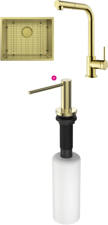 Lot cuve Aria 1 bac coloris Inox PVD Or + mitigeur Dore mat + distributeur de savon et cache-bonde assortis Luisina