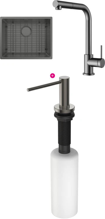 Lot évier cuve Aria 1 bac coloris Inox PVD Gun metal + mitigeur Gun metal + distributeur de savon et cache-bonde assortis